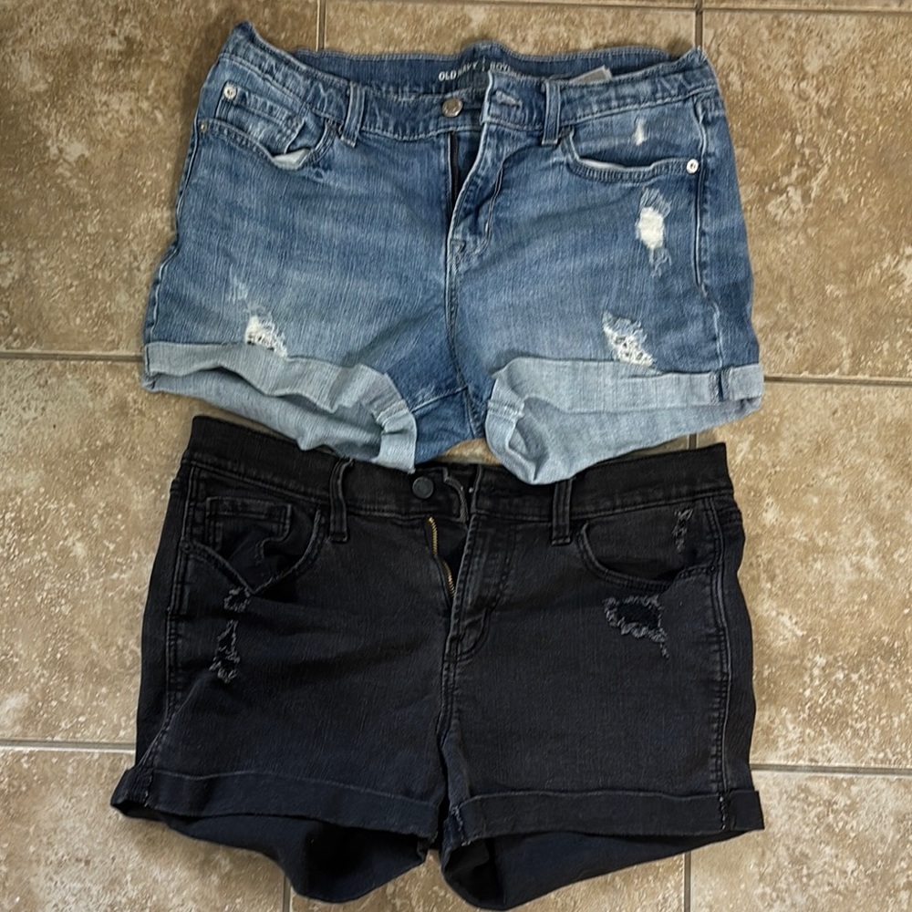 Old Navy Blue and Black Jean Shorts Distressed Casual Style
